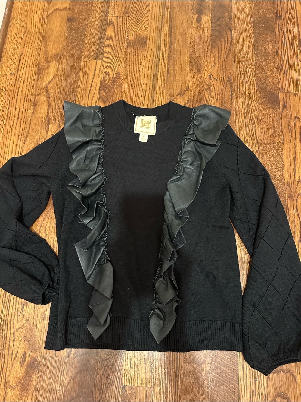 Women's Black Ruffle-Trim Crewneck Sweater